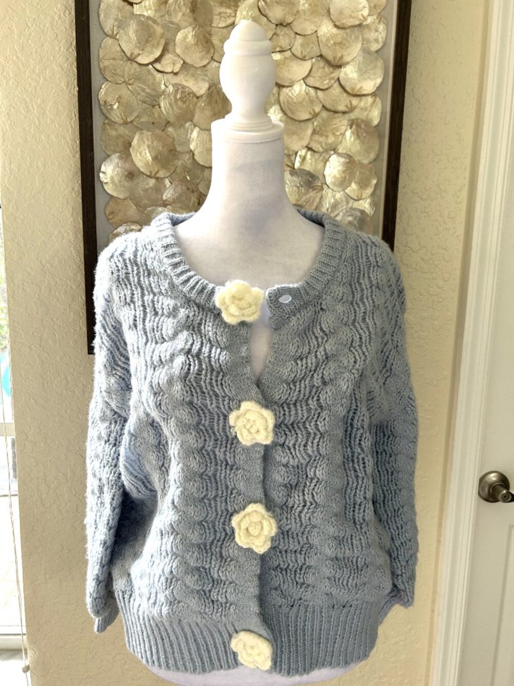 NWOT Hazel Moon Baby Blue Crochet Sweater